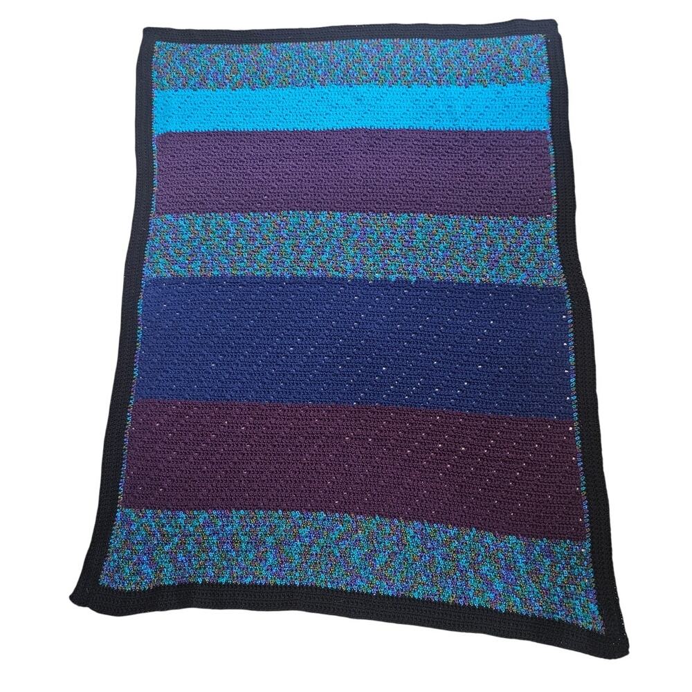 Hand Crocheted Afghan Throw Blanket Blue Purple Teal Striped 61x47 Boho